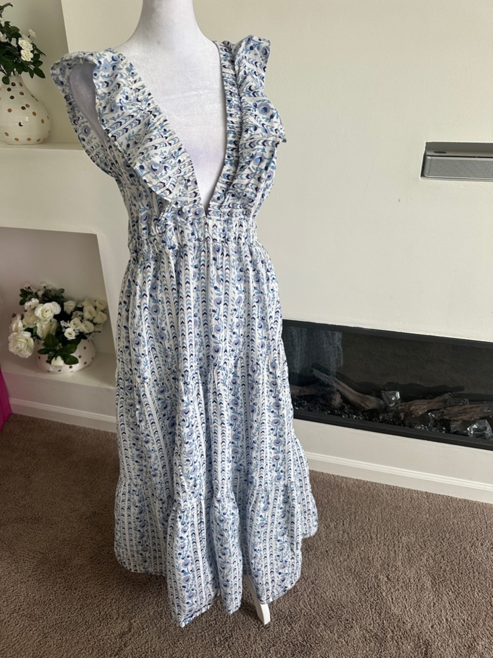 Sleeveless Blue & White Ruffle Maxi Dress - Picture 2 of 9